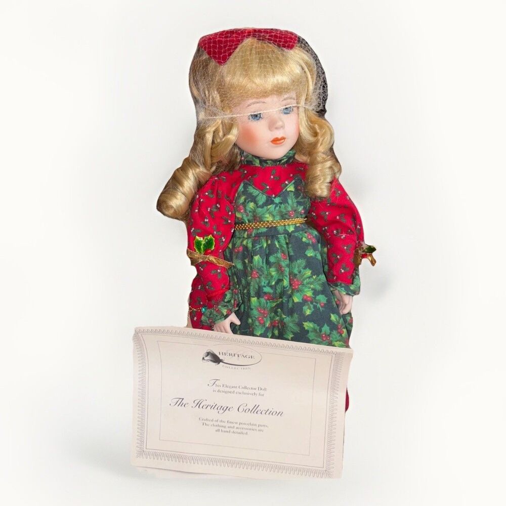 Heritage Collection Porcelain Doll Blonde Christmas Holly Dress 12.5" Tall w/ CO